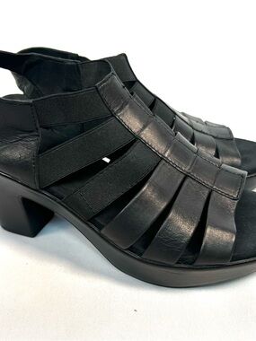 Munro Black Leather Stretch Strap Sandals Comfort Heel Shock Absorbing Size 8.5